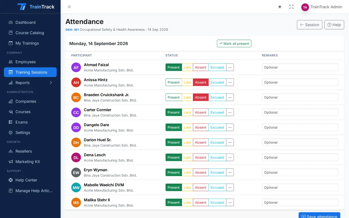 TrainTrack daily attendance sheet