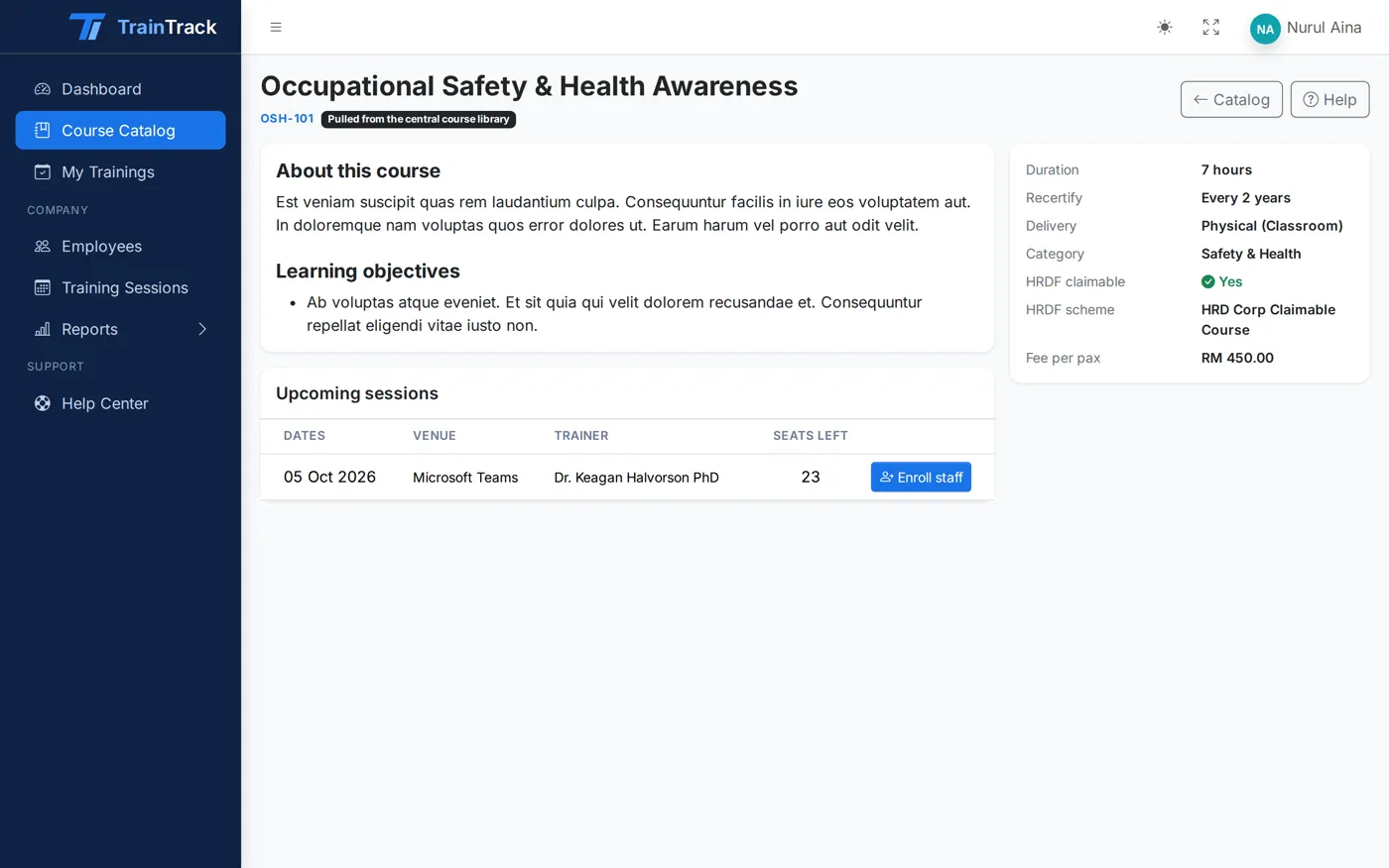 A course in the TrainTrack catalog with HRDF details and upcoming sessions