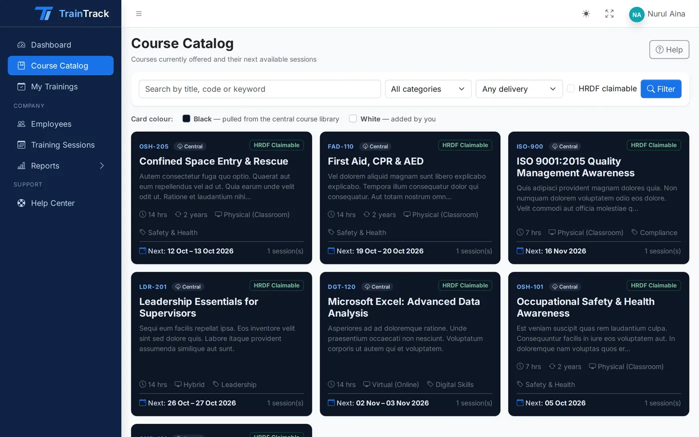 TrainTrack course catalog with HRDF-claimable courses