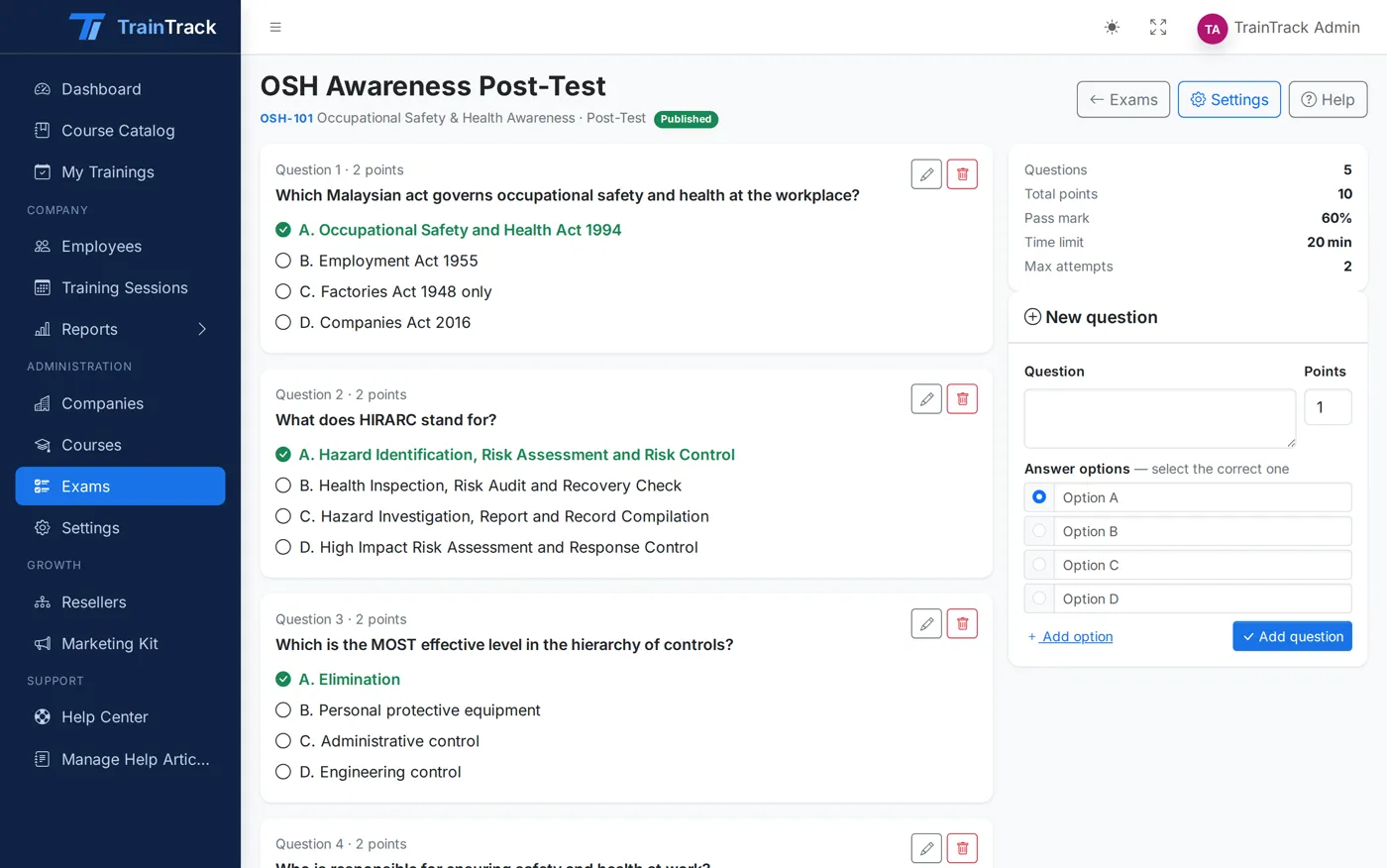 TrainTrack exam builder with pass mark, attempts and timer settings