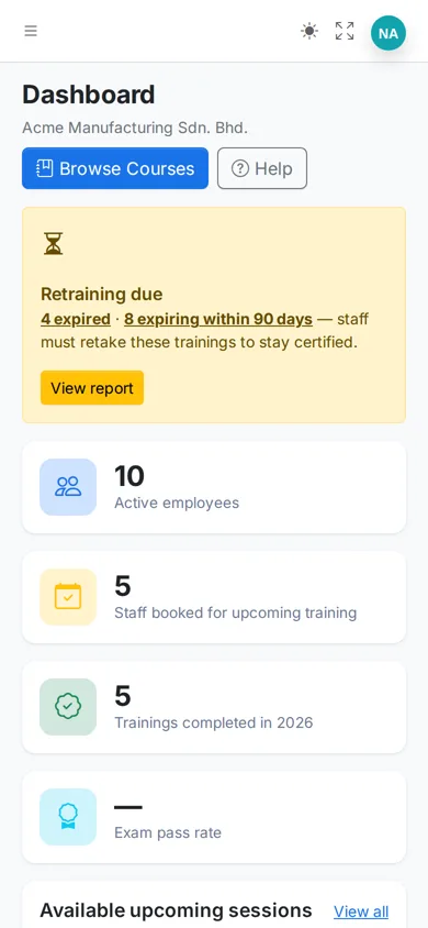 TrainTrack trainee dashboard on a phone