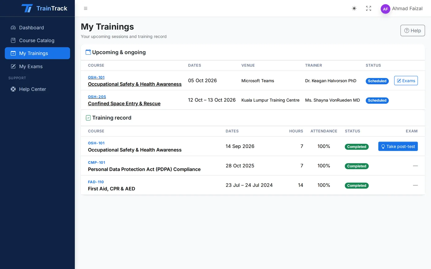 TrainTrack trainee view of upcoming and past trainings